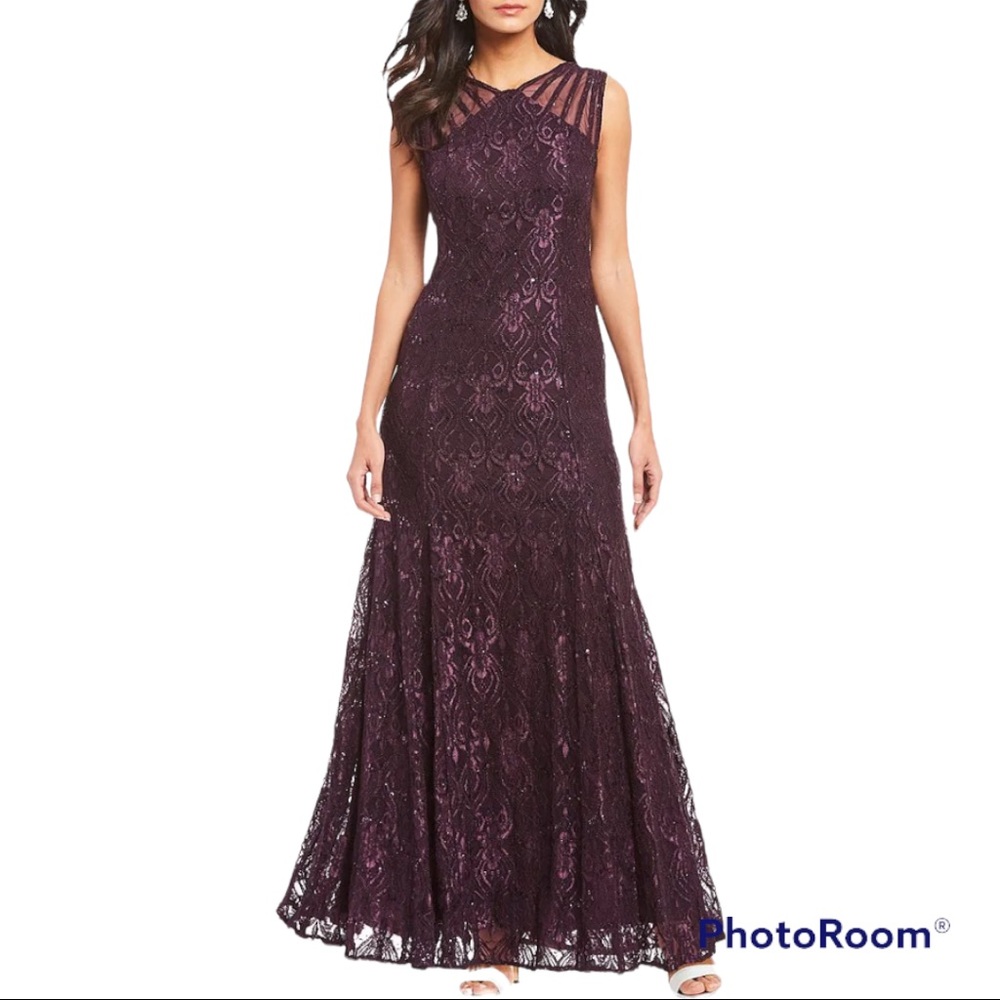 R&M Richards Illusion Shoulder High V-Neck Sleeveless Lace Sheath Gown